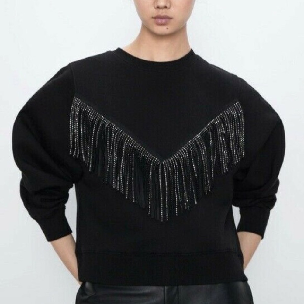 Zara Black Fringe Embellished Sweatshirt Crew Neck Western Boho Size L